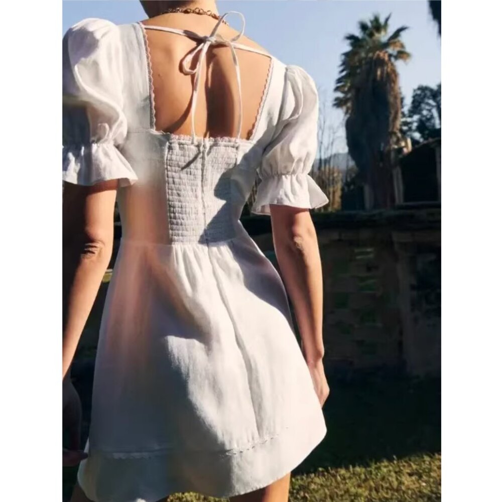 BEST Reformation Evianna Linen Mini Dress Sz0/2/4 White Classic French - Picture 4 of 12